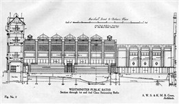 Photo:Plan showing section through 1st and 2nd class swimming baths at Marshall Street Baths by architects Alfred W S Cross and Kenneth M B Cross, 1931