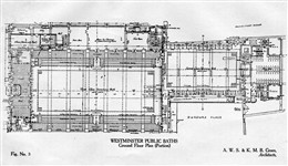 Photo:Ground floor plan of the swimming bath at Marshall Street Baths by architects Alfred W S Cross and Kenneth M B Cross, 1931