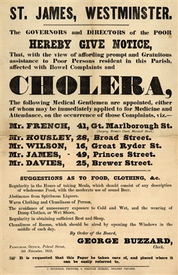 Photo:Precautions against Cholera, 1853] This handbill was issued by the parish of St James in Westminster, and comes from the time of the third major outbreak of cholera in London in the 19th century. It makes suggestions about food, clothing to help fight against cholera and identifies available medical practitioners.